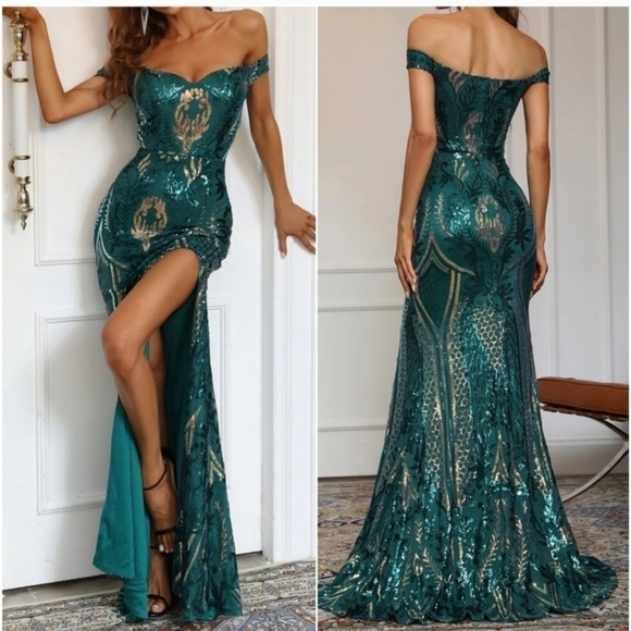 Dark Green Plants Pattern, Split Thigh, Off The Shoulder Sequined Maxi F… - Picture 1 of 10